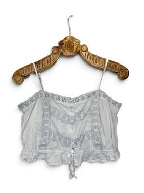 American Eagle Top Boho Crop Tank Lace Crochet Gather Tie Waist Blue Grey M